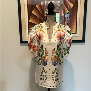Anthropologie White Blouse with Colorful Floral Design